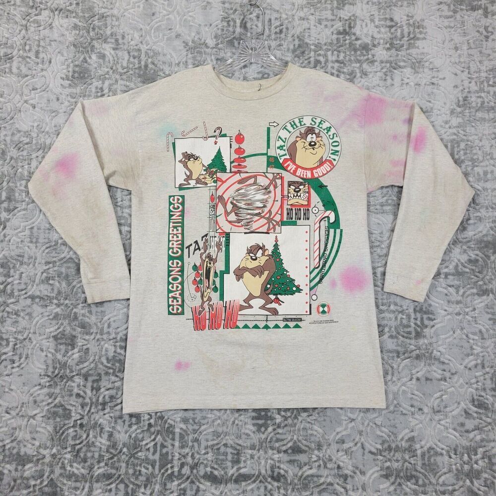 Vintage Looney Tunes Taz The Season Shirt Adult Medium Christmas USA Made Stains
